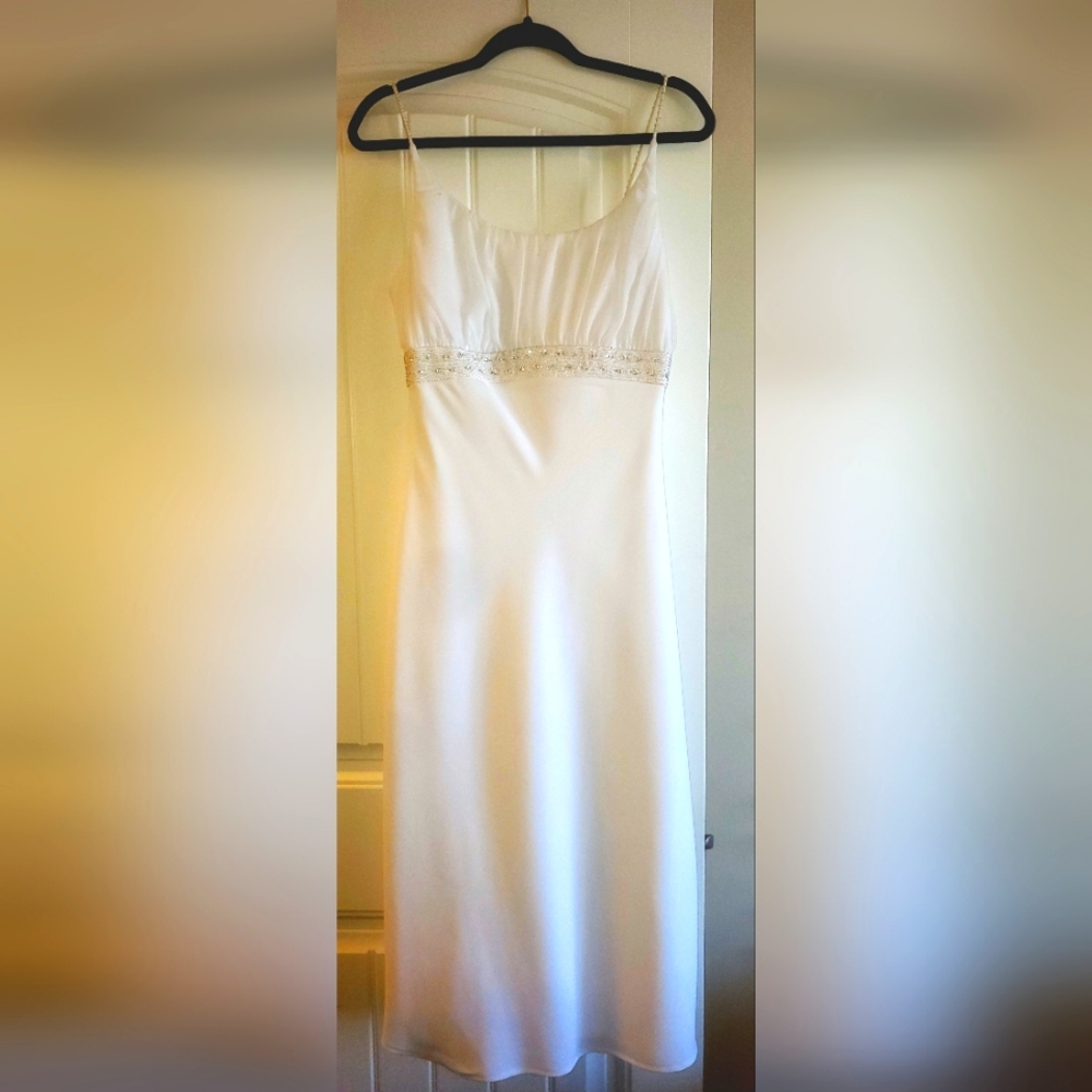 Tea length, spaghetti strap, wedding dress